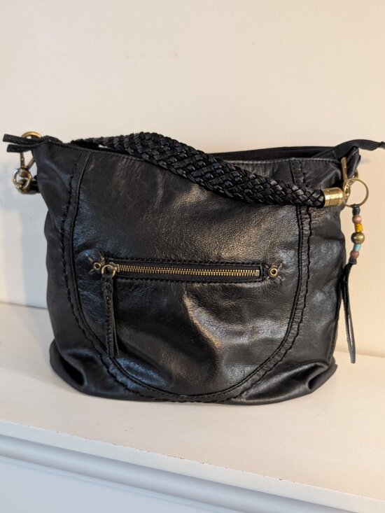 The Sak Handbags - Vintage Boho Chic Indio Black Fine Leather Hobo Shoulder Bag with Braided Strap
